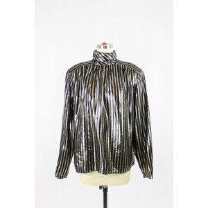 Vintage 90's CHRISTIAN DIOR Chemises Black Gold Metallic Striped Blouse, Size 8